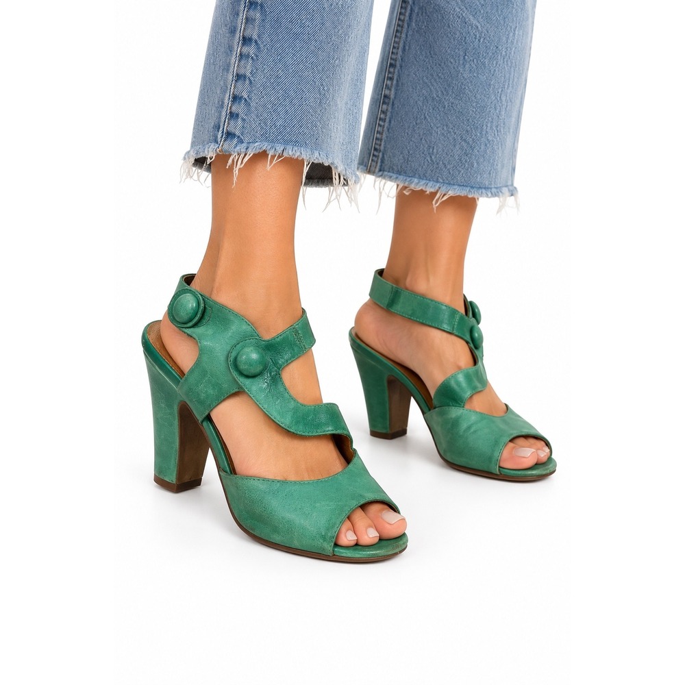 Miz Mooz Sapphire Sandals Women 7 Green Leather T-Strap Button Block Heel Retro
